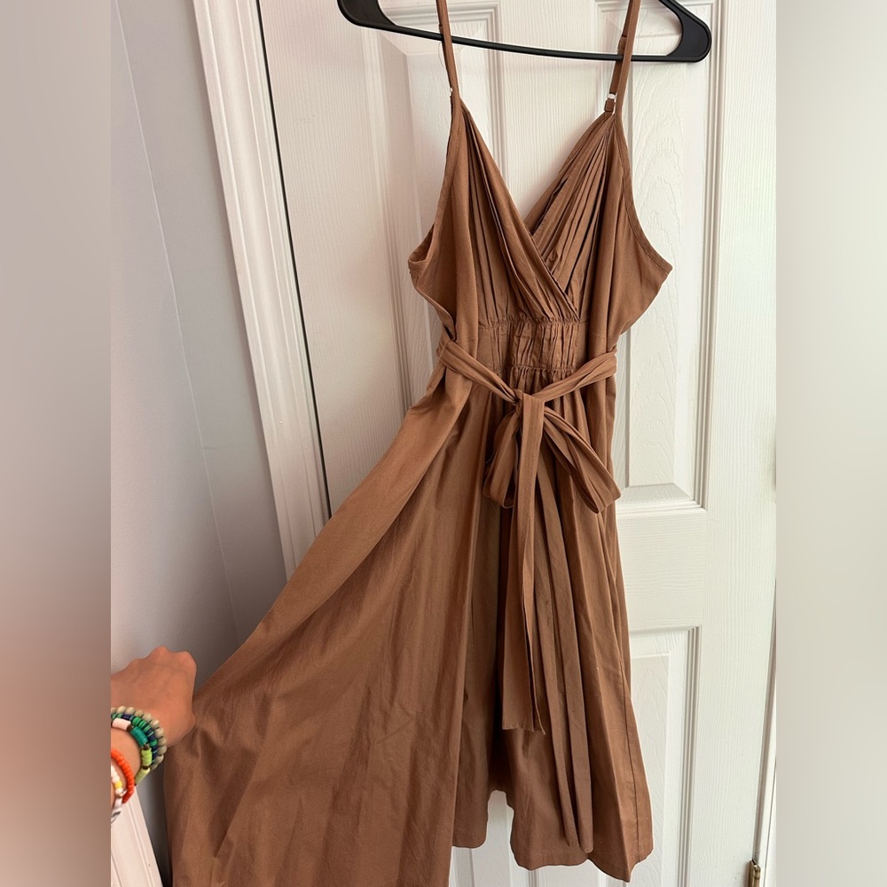 Gap Women’s 12 Petite Midi Tan Dress Pockets 100% Cotton - Picture 5 of 11